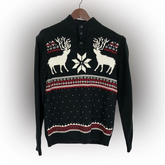 Chaps Sweater Men’s M Black Elk Reindeer Snowflake Fair Isle Nordic 1/4 Button - Picture 1 of 9
